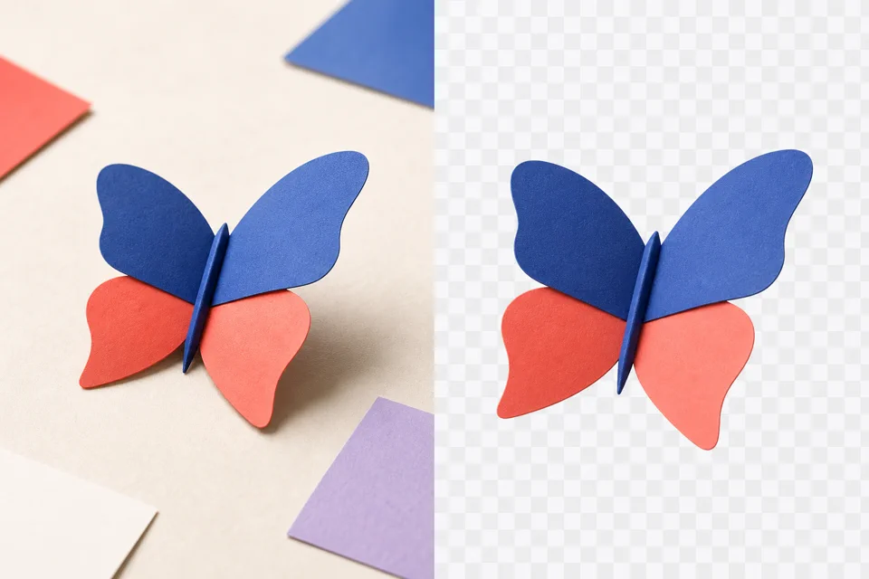 Paper butterfly before and after background removal