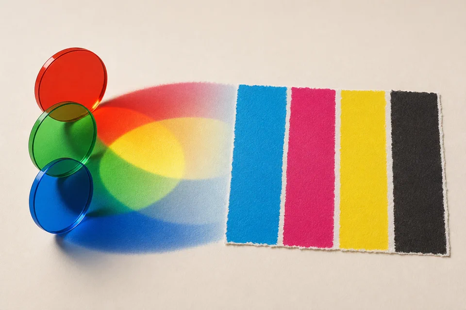 RGB light filters converting to CMYK printed ink swatches